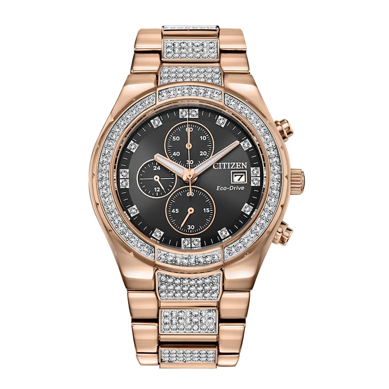 Main Image 1 of Men's Citizen Eco-Drive® Crystal Accent Rose-Tone Chronograph Watch with Black Dial (Model: CA0753-55E)
