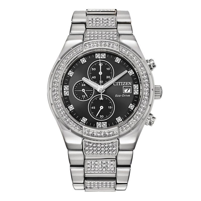 Men's Citizen Eco-Drive® Crystal Accent Chronograph Watch with Black Dial (Model: CA0750-53E)|Peoples Jewellers