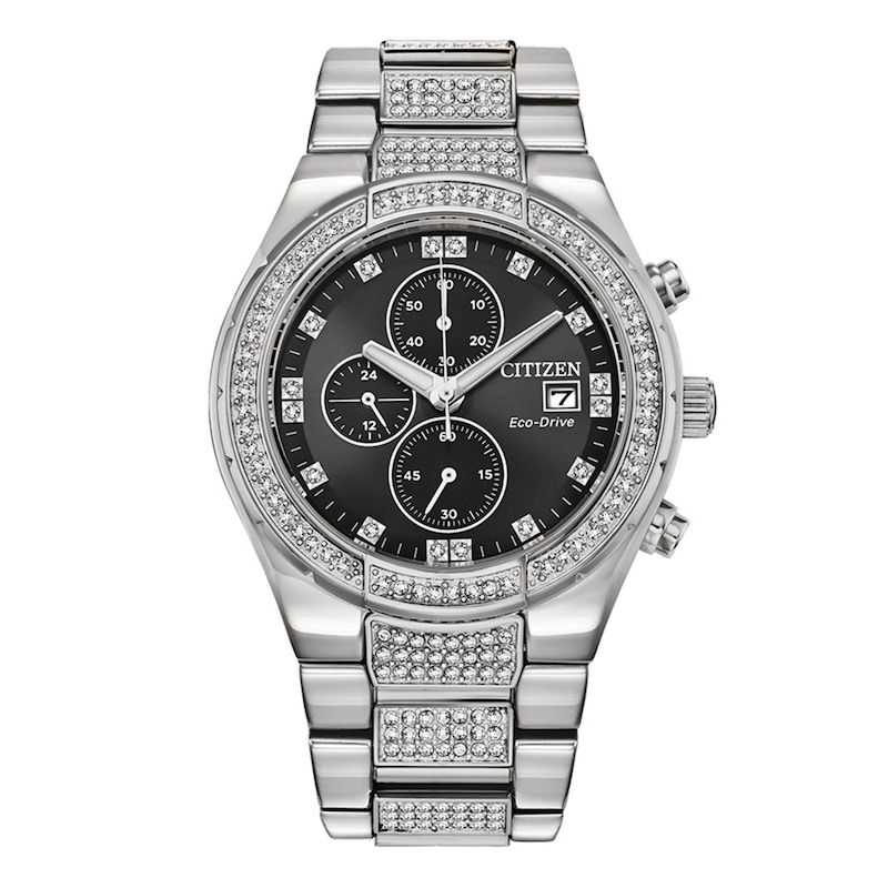 Main Image 1 of Men's Citizen Eco-Drive® Crystal Accent Chronograph Watch with Black Dial (Model: CA0750-53E)