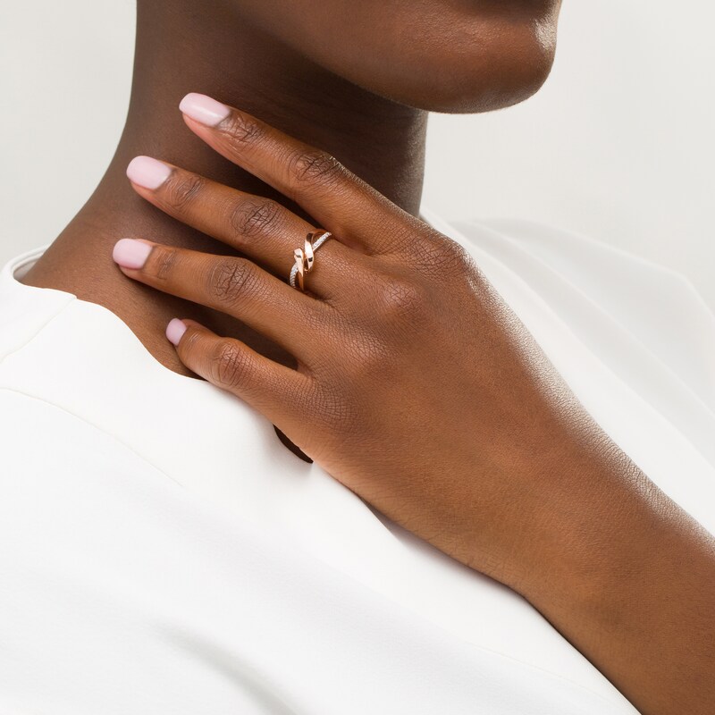 Main Image 2 of 0.09 CT. T.W. Diamond Ribbon Overlay Ring in 10K Rose Gold
