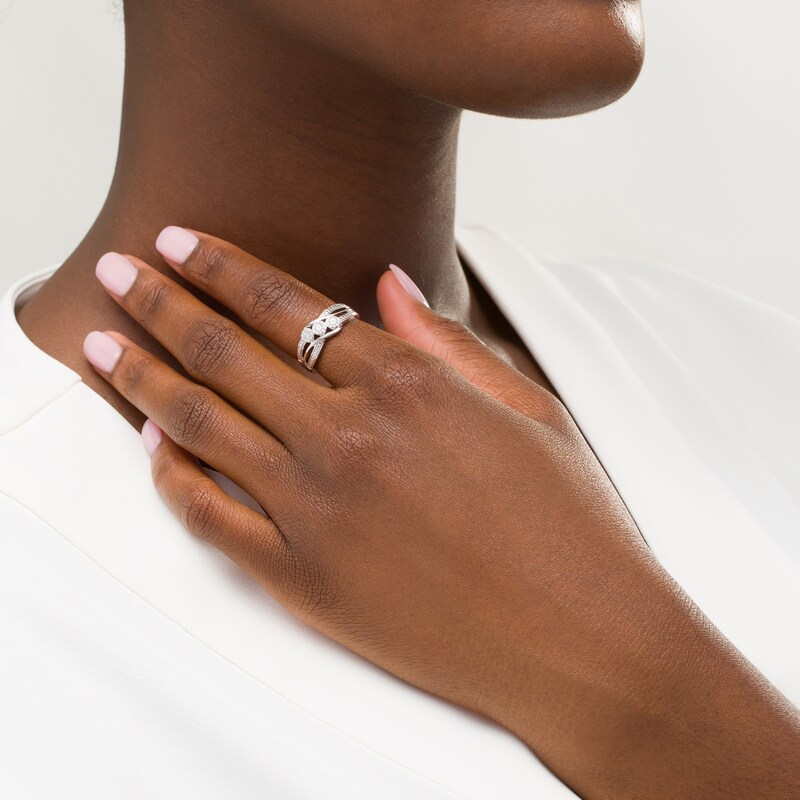 Main Image 2 of 0.09 CT. T.W. Diamond Frame Three Stone Bypass Promise Ring in Sterling Silver