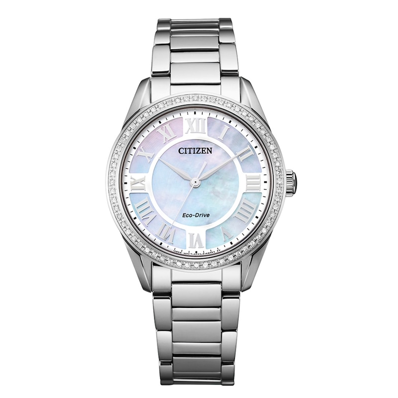 Main Image 1 of Ladies' Citizen Eco-Drive® Fiore Diamond Accent Watch with Mother-of-Pearl Dial (Model: EM0880-54D)