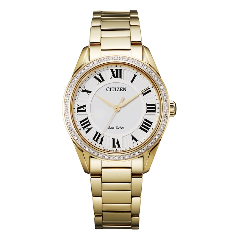 Main Image 1 of Ladies' Citizen Eco-Drive® Fiore Diamond Accent Gold-Tone Watch with White Dial (Model: EM0882-59A)