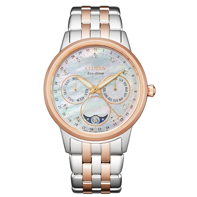 Ladies' Citizen Eco-Drive® Calendrier Diamond Two-Tone Chronograph Watch with Mother-of-Pearl Dial (Model: FD0006-56D)