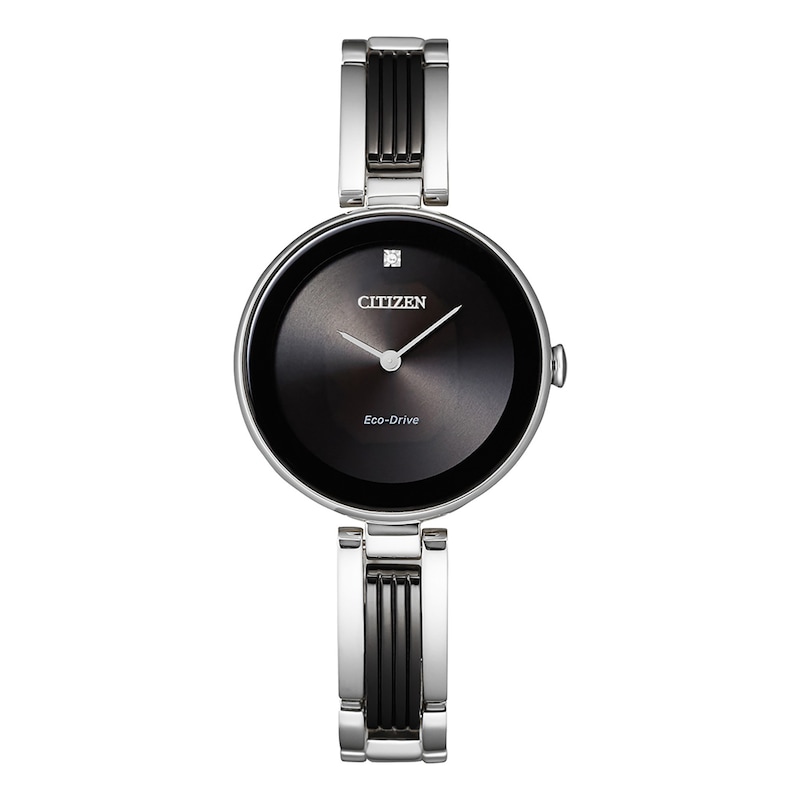 Main Image 1 of Ladies' Citizen Eco-Drive® Axiom Diamond Accent Two-Tone Bangle Watch with Black Dial (Model: EX1538-50E)
