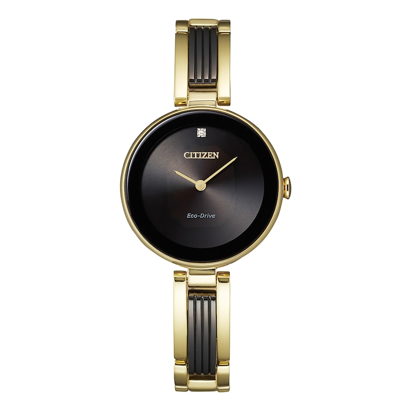 Main Image 1 of Ladies' Citizen Eco-Drive® Axiom Diamond Accent Two-Tone Bangle Watch with Black Dial (Model: EX1539-57E)