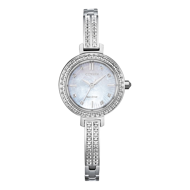 Ladies' Citizen Eco-Drive® Silhouette Crystal Accent Bangle Watch with Mother-of-Pearl Dial (Model: EM0860-51D)