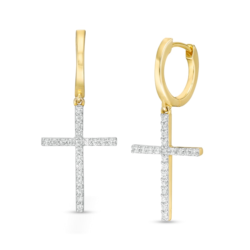 Men's 0.25 CT. T.W. Diamond Cross Drop Hoop Earrings in 10K Gold