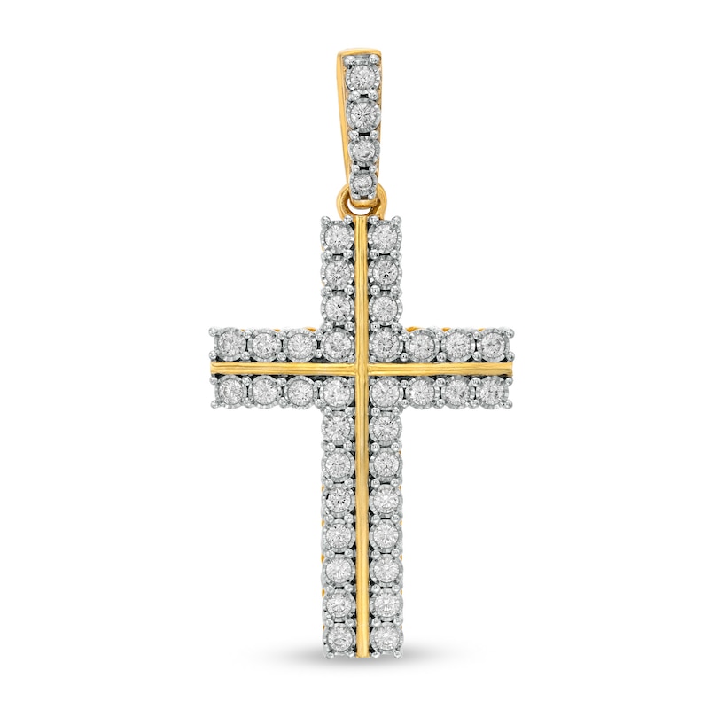 1.00 CT. T.W. Diamond Double Row Cross Necklace Charm in 10K Gold