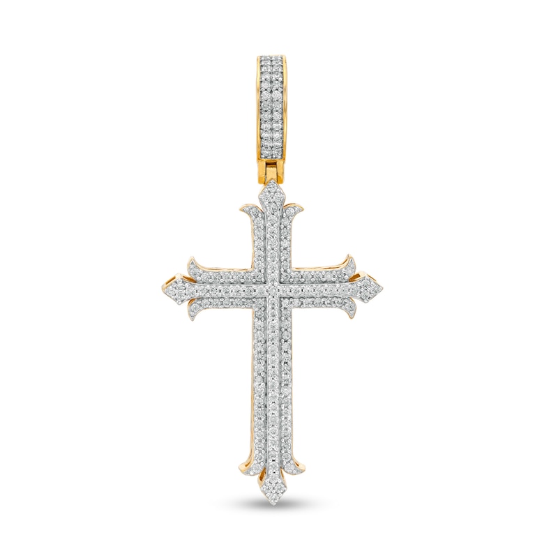 Main Image 1 of Men's 0.91 CT. T.W. Diamond Gothic-Style Cross Necklace Charm in 10K Gold