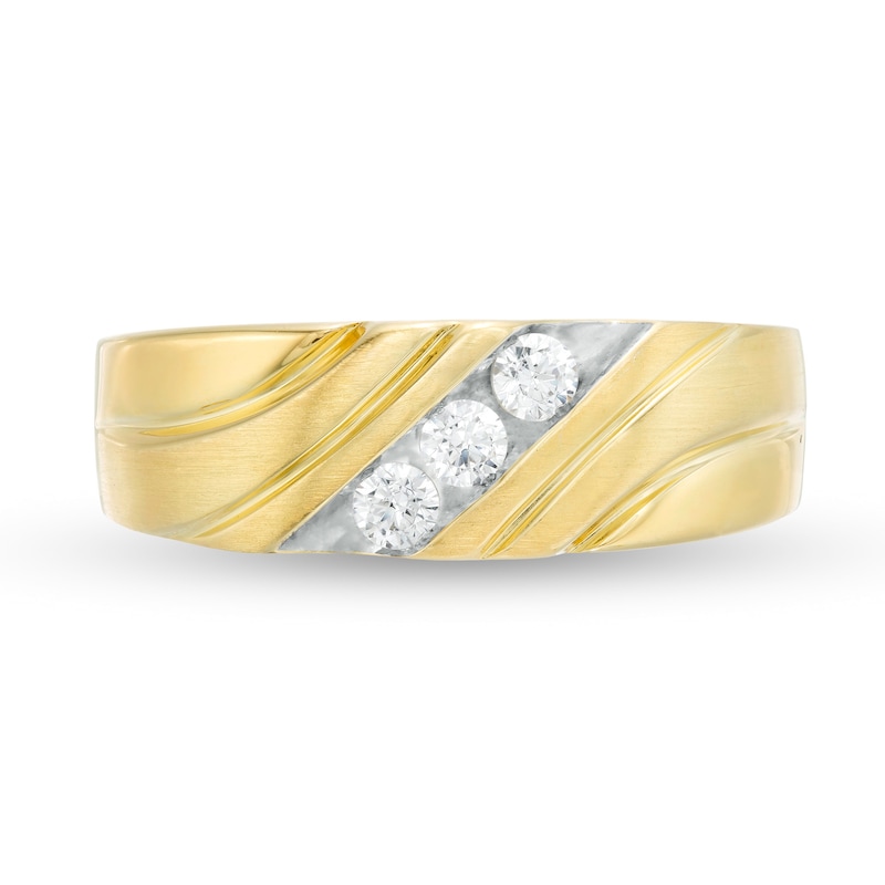 Main Image 4 of Men's 0.25 CT. T.W. Diamond Three Stone Slant Wedding Band in 10K Gold