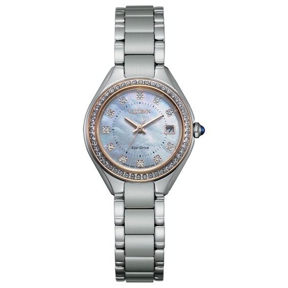 Ladies' Citizen Eco-Drive® Silhouette Crystal Accent Two-Tone Watch with Mother-of-Pearl Dial (Model: EW2556-59Y)