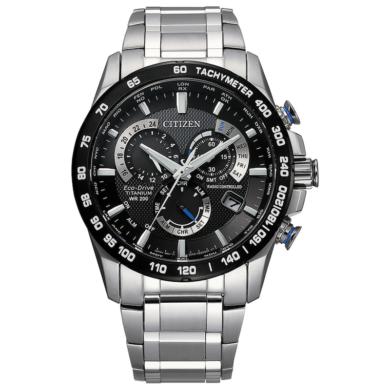 Men's Citizen Eco-Drive® Perpetual Chrono A-T Super Titanium™ Watch with Black Dial (Model: CB5908-57E)|Peoples Jewellers