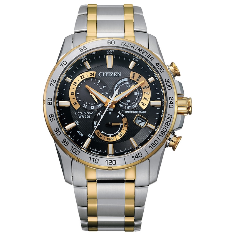 Men's Citizen Eco-Drive® Perpetual Chrono A-T Two-Tone Watch with Black Dial (Model: CB5894-50E)|Peoples Jewellers