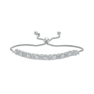 0.10 CT. T.W. Baguette and Round Diamond Alternating Bolo Bracelet in Sterling Silver - 9.5"