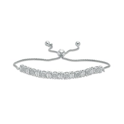0.10 CT. T.W. Baguette and Round Diamond Alternating Bolo Bracelet in Sterling Silver - 9.5"