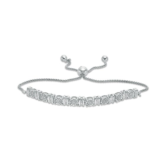 0.10 CT. T.W. Baguette and Round Diamond Alternating Bolo Bracelet in Sterling Silver - 9.5"