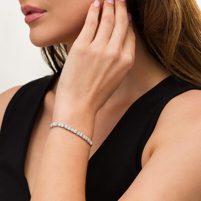0.10 CT. T.W. Baguette and Round Diamond Alternating Bolo Bracelet in Sterling Silver - 9.5"