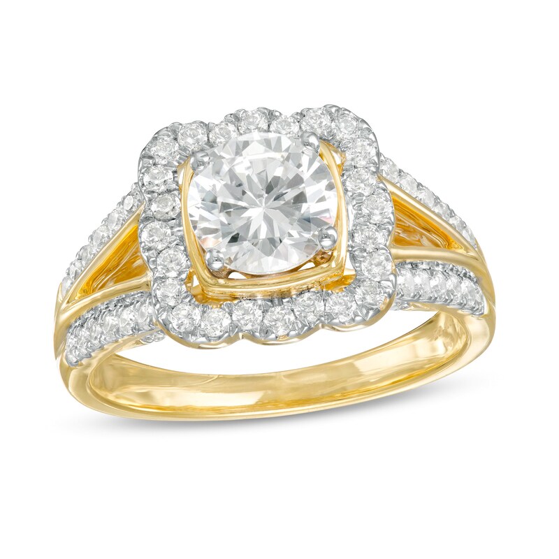 1.45 CT. T.W. Diamond Cushion Frame Split Shank Vintage-Style Engagement Ring in 10K Gold