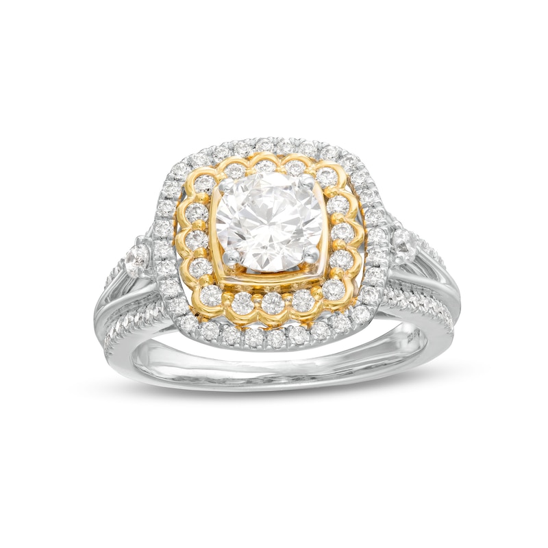 Main Image 1 of 1.29 CT. T.W. Diamond Scallop and Cushion Double Frame Split Shank Engagement Ring in 10K Two-Tone Gold
