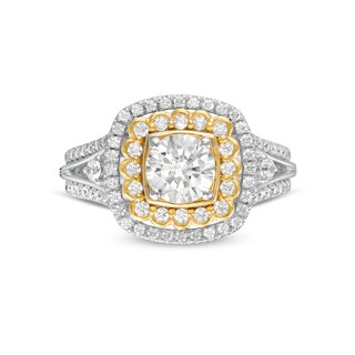 1.29 CT. T.W. Diamond Scallop and Cushion Double Frame Split Shank Engagement Ring in 10K Two-Tone Gold