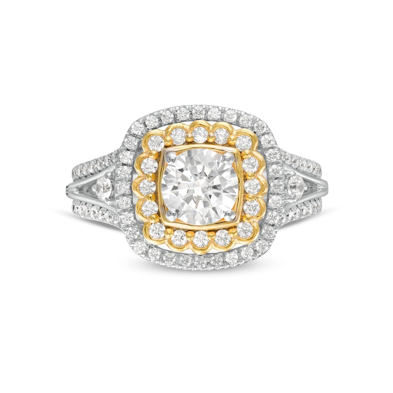 Main Image 4 of 1.29 CT. T.W. Diamond Scallop and Cushion Double Frame Split Shank Engagement Ring in 10K Two-Tone Gold