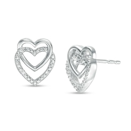 Diamond Accent Linear Double Heart Stud Earrings in Sterling Silver