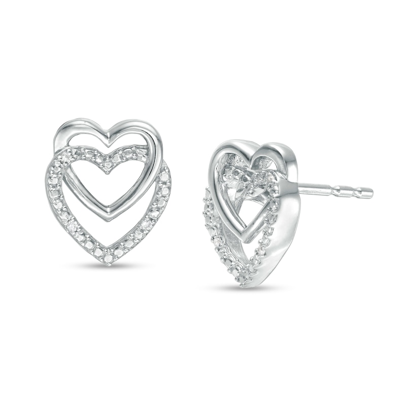 Main Image 1 of Diamond Accent Linear Double Heart Stud Earrings in Sterling Silver