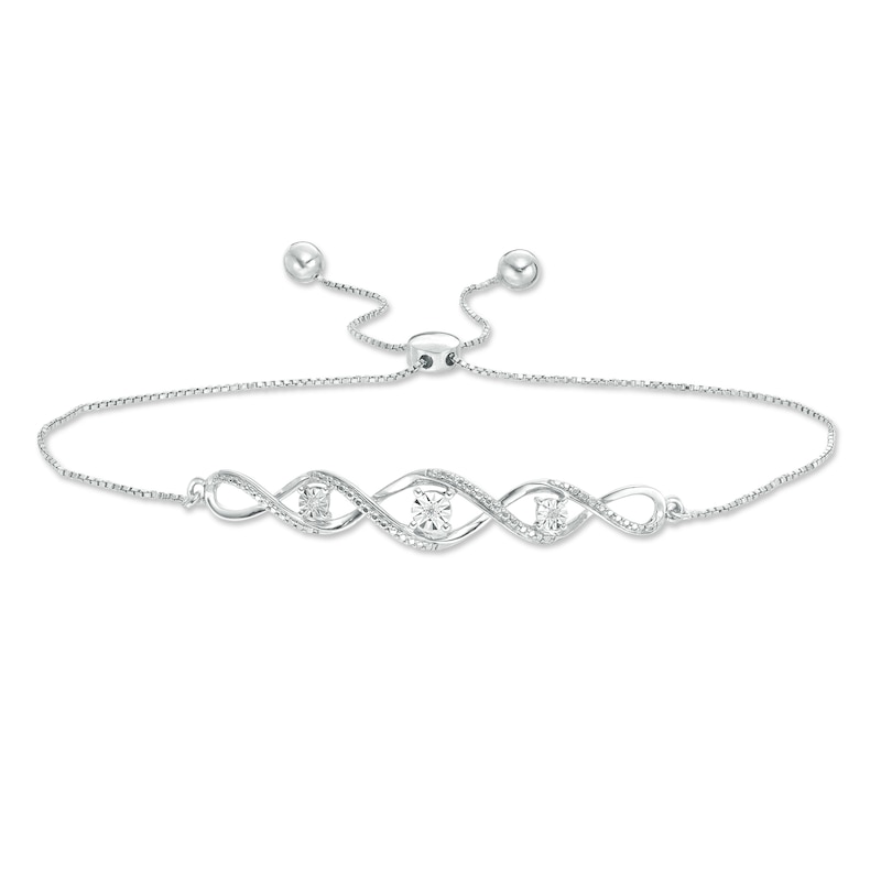 Diamond Accent Three Stone Cascading Infinity Bolo Bracelet in Sterling Silver - 9.5"