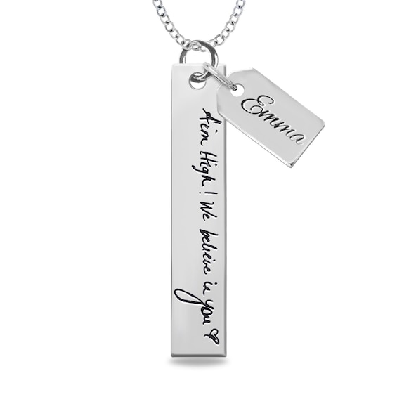 Engravable Your Own Handwriting and Name Tag Charm Vertical Bar Pendant in Sterling Silver (1 Image and Line)
