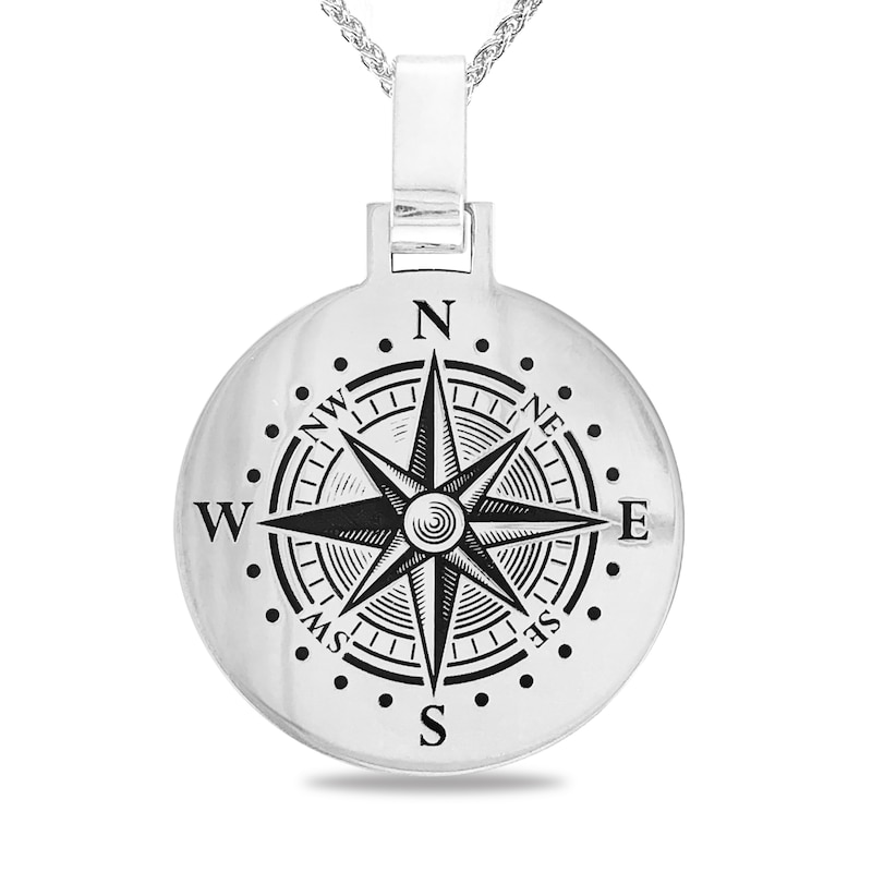 Main Image 1 of Men's Engravable Compass Disc Pendant in Sterling Silver (1-4 Lines)