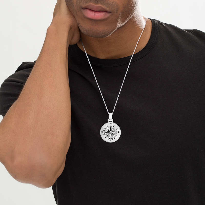 Men's Engravable Compass Disc Pendant in Sterling Silver (1-4 Lines)