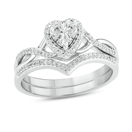 5.0mm Heart-Shaped White Lab-Created Sapphire and 0.18 CT. T.W. Diamond Frame Twist Shank Bridal Set in Sterling Silver