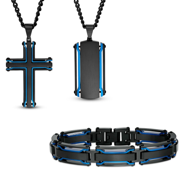 Main Image 1 of Multi-Finish Dog Tag, Cross Pendant and Link Chain Bracelet Set in Stainless Steel with Black and Blue IP - 24"