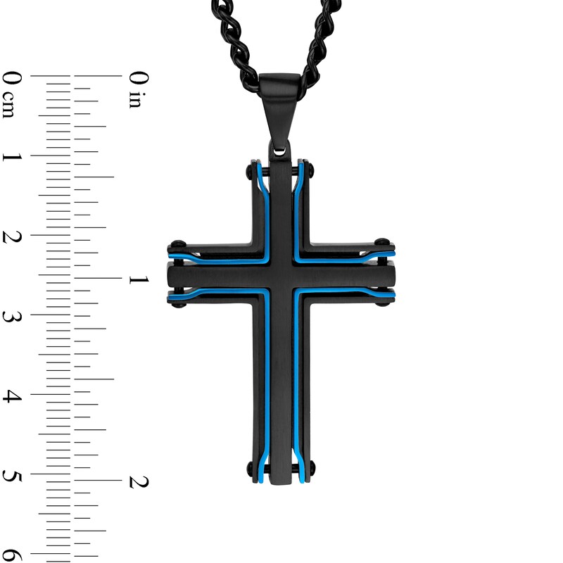 Main Image 3 of Multi-Finish Dog Tag, Cross Pendant and Link Chain Bracelet Set in Stainless Steel with Black and Blue IP - 24"