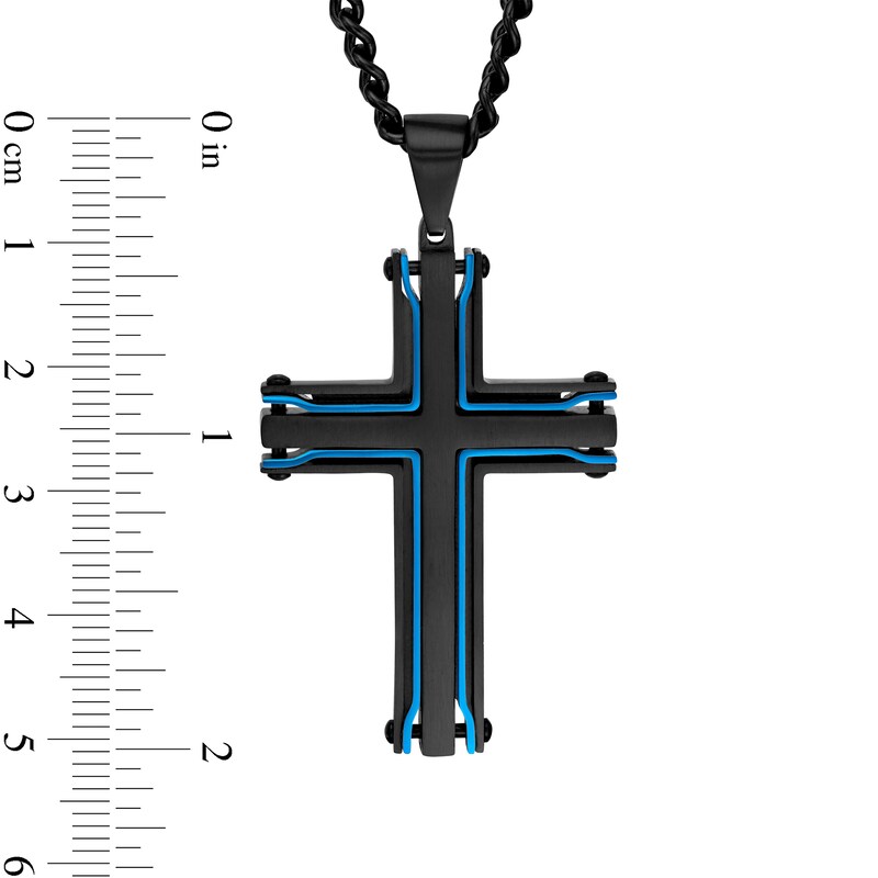 Men's Multi-Finish Dog Tag, Cross Pendant and Link Chain Bracelet Set in Stainless Steel with Black and Blue IP - 24"