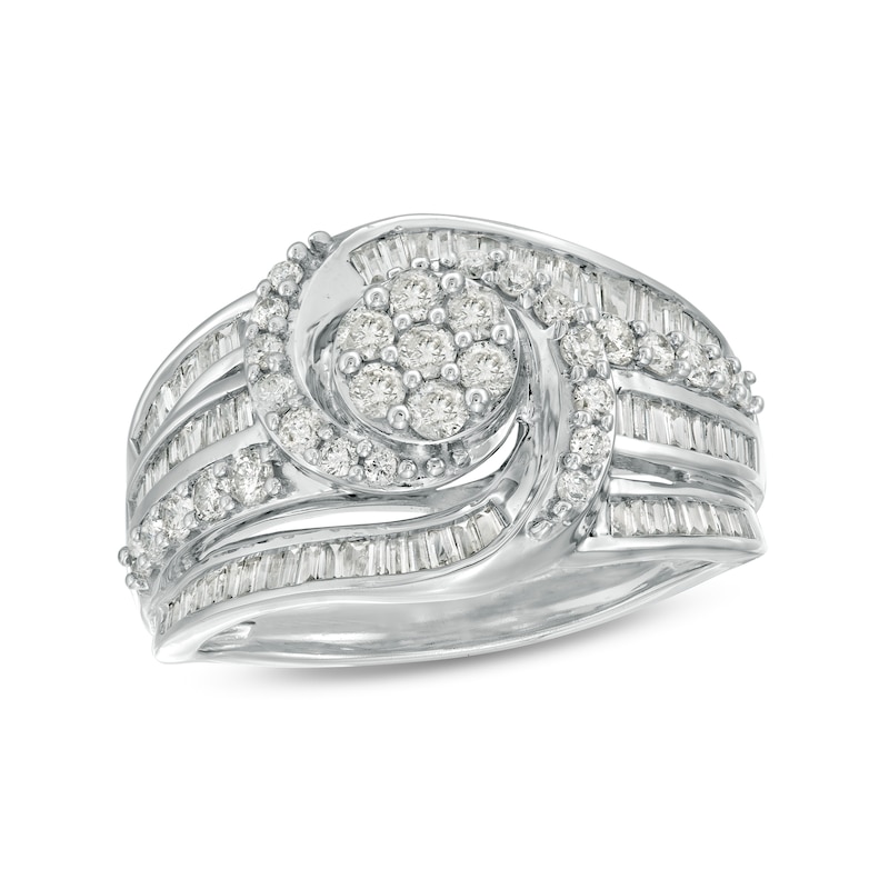 1.00 CT. T.W. Baguette and Round Diamond Multi-Row Ring in 10K White Gold|Peoples Jewellers