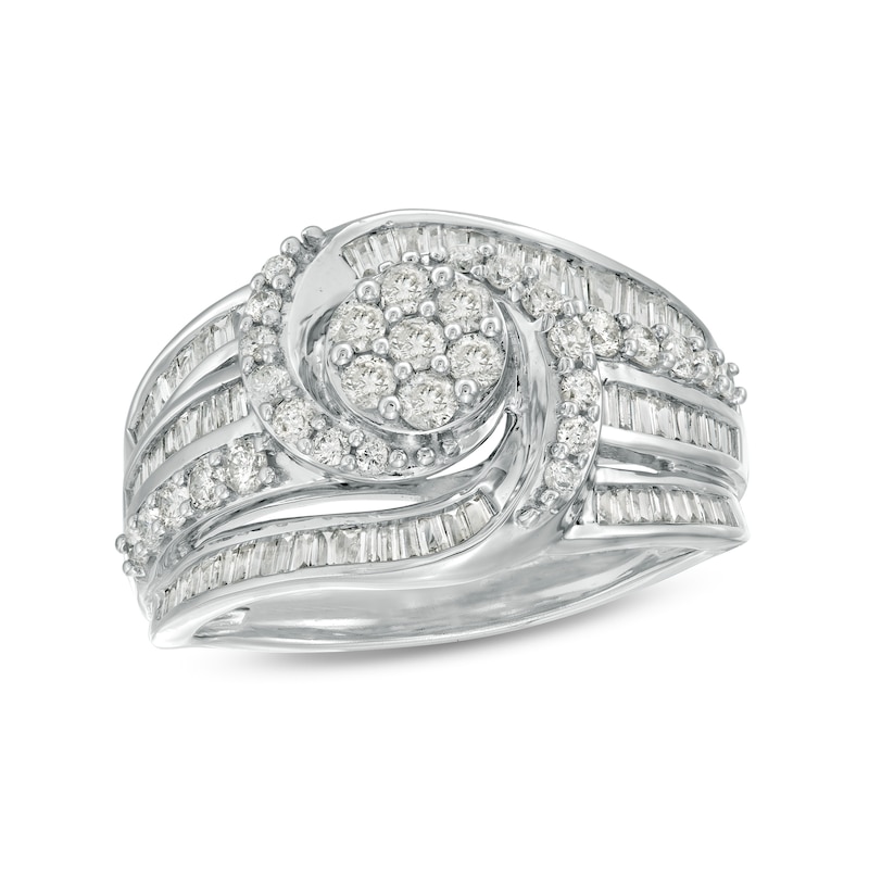 Main Image 1 of 1.00 CT. T.W. Baguette and Round Diamond Multi-Row Ring in 10K White Gold