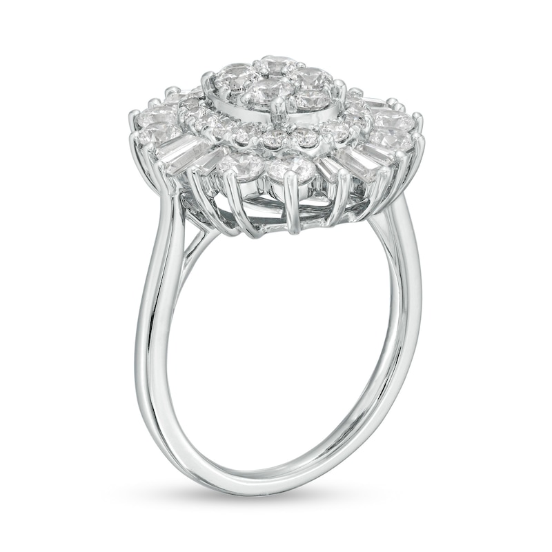 2.00 CT. T.W. Baguette and Round Diamond Oval Sunburst Frame Ring in 10K White Gold
