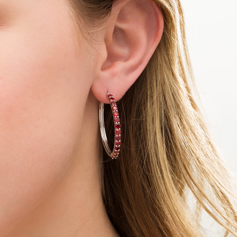 Main Image 2 of 3.0mm Garnet Hoop Earrings in Sterling Silver