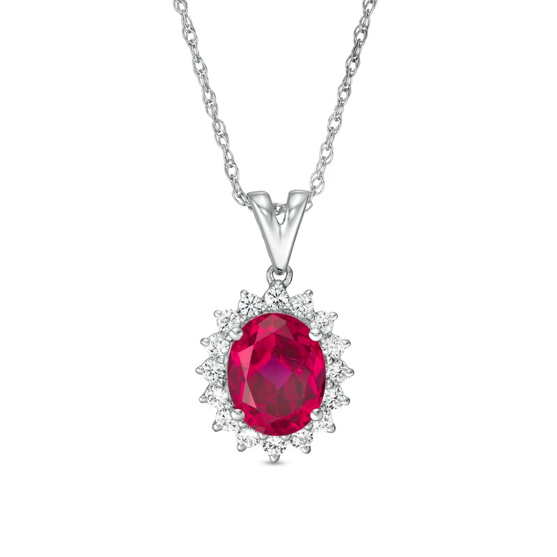 Main Image 1 of Oval Lab-Created Ruby and White Sapphire Starburst Frame Pendant in Sterling Silver