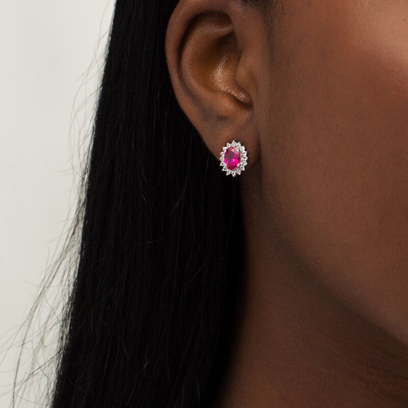 Oval Lab-Created Ruby and White Sapphire Starburst Frame Stud Earrings in Sterling Silver