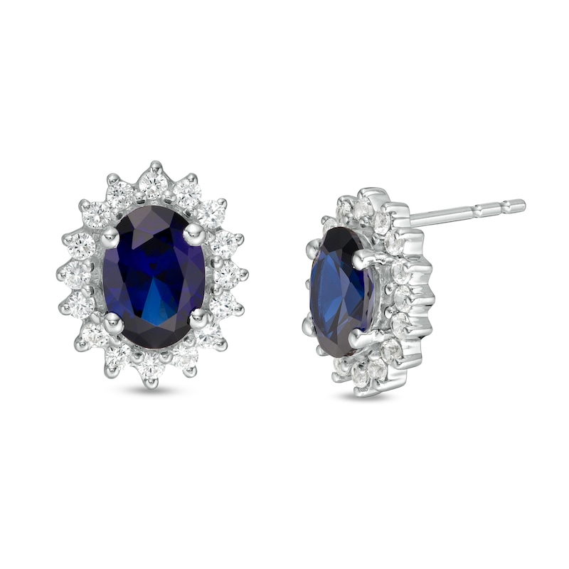 Oval Lab-Created Blue and White Sapphire Starburst Frame Stud Earrings in Sterling Silver
