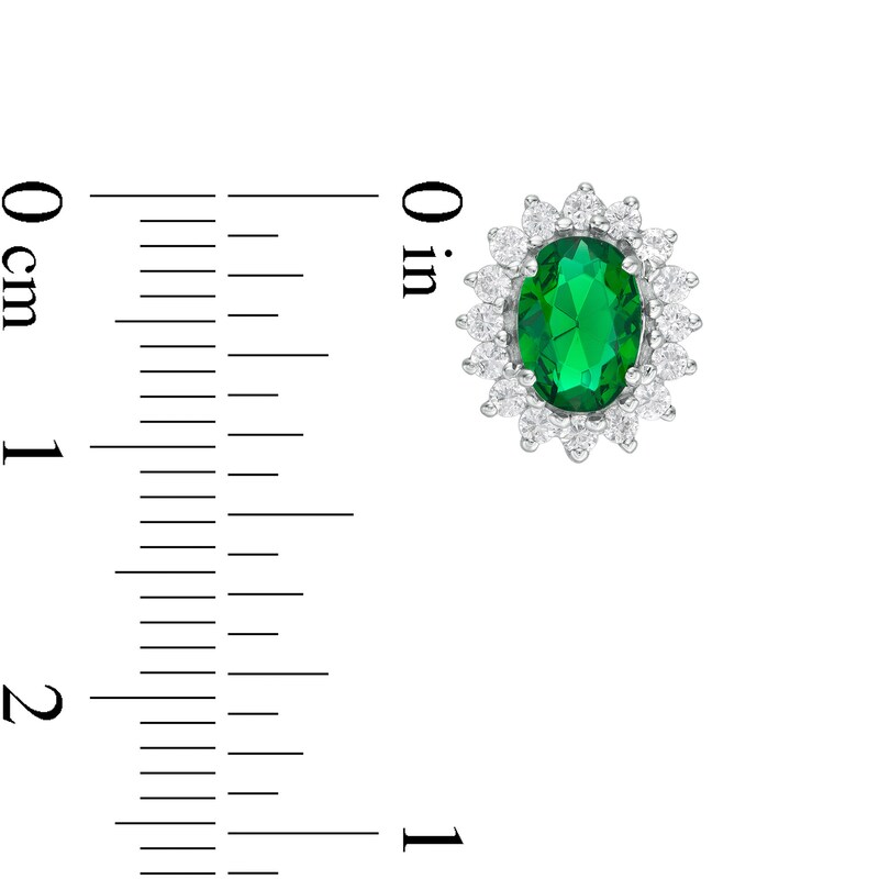 Oval Lab-Created Emerald and White Sapphire Starburst Frame Stud Earrings in Sterling Silver