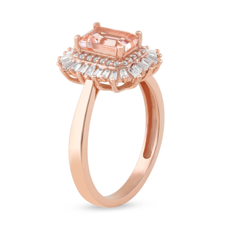 Emerald-Cut Morganite and 0.25 CT. T.W. Baguette and Round Diamond Double Frame Ring in 10K Rose Gold