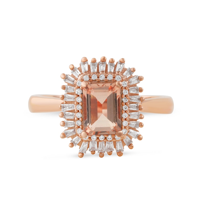 Emerald-Cut Morganite and 0.25 CT. T.W. Baguette and Round Diamond Double Frame Ring in 10K Rose Gold