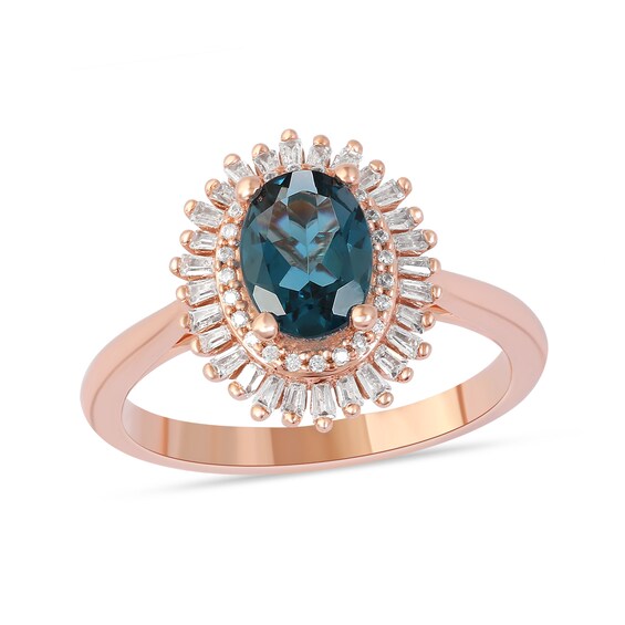 Oval London Blue Topaz and 0.25 CT. T.W. Baguette and Round Diamond Double Frame Ring in 10K Rose Gold