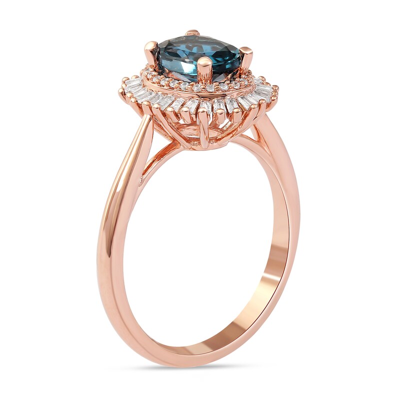 Main Image 2 of Oval London Blue Topaz and 0.25 CT. T.W. Baguette and Round Diamond Double Frame Ring in 10K Rose Gold