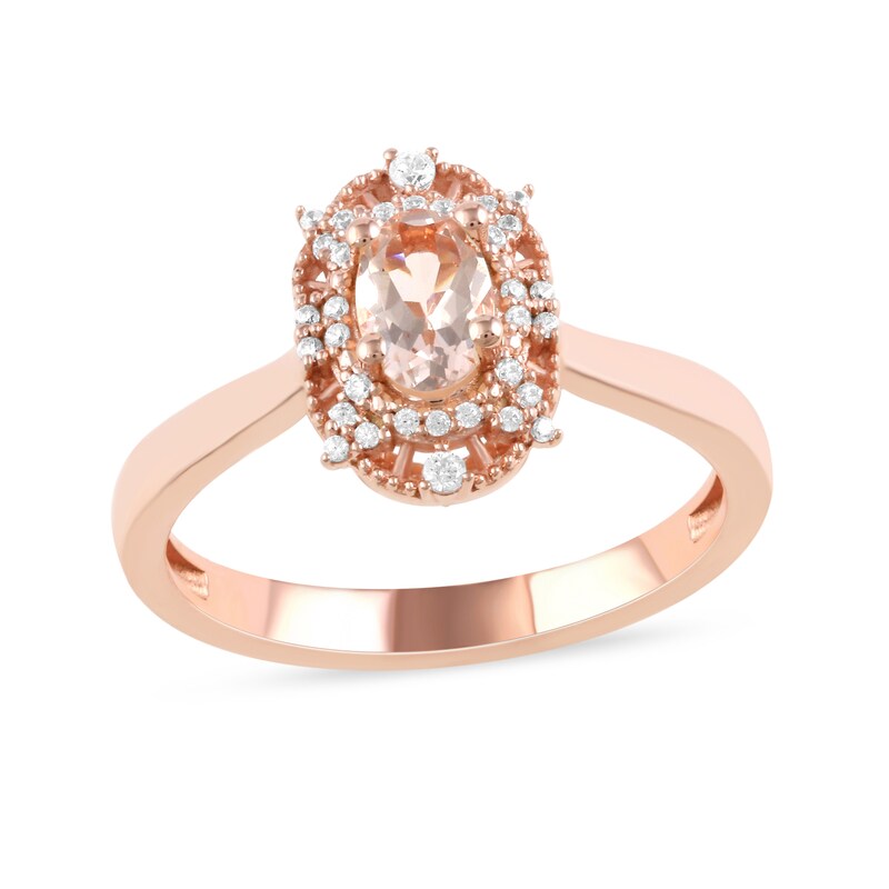 Oval Morganite and 0.10 CT. T.W. Diamond Bead Frame Sunburst Ring in 10K Rose Gold