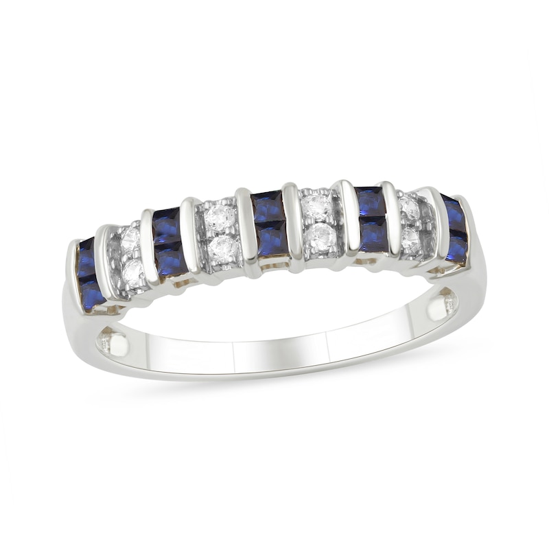 Princess-Cut Blue Sapphire and 0.10 CT. T.W. Diamond Alternating Duos Ring in 10K White Gold